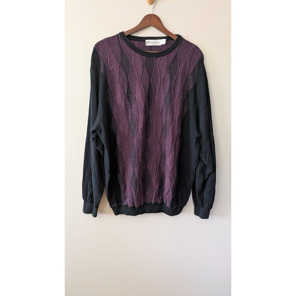 Vintage St Croix Crew Neck 3D Knit Sweater XL 90s Textured Colorblock Purple